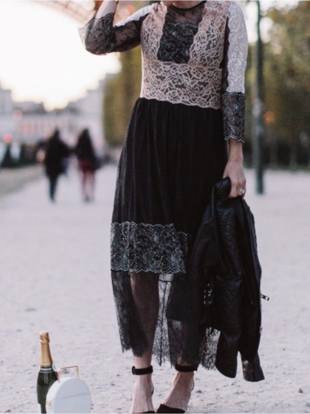 NWOT| Sandro Sheer Lace Midi Dress with Contrast Bodice - Black & Cream